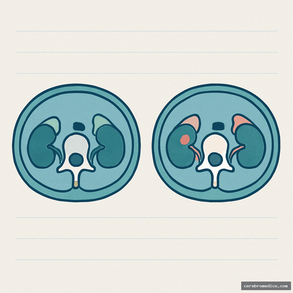 Adenoma suprarrenal izquierdo y derecho en tomografía computarizada