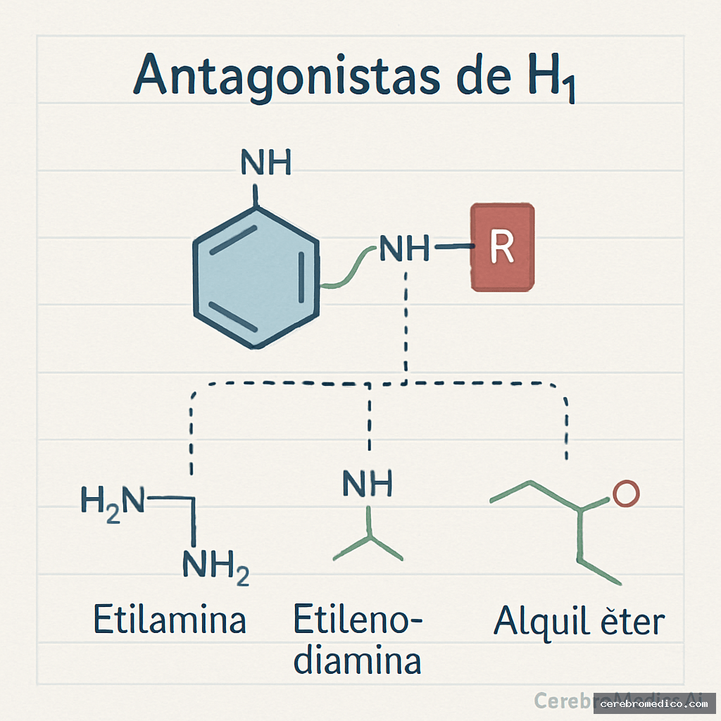 Estructura general de los antagonistas de H1 y principales subgrupos químicos.