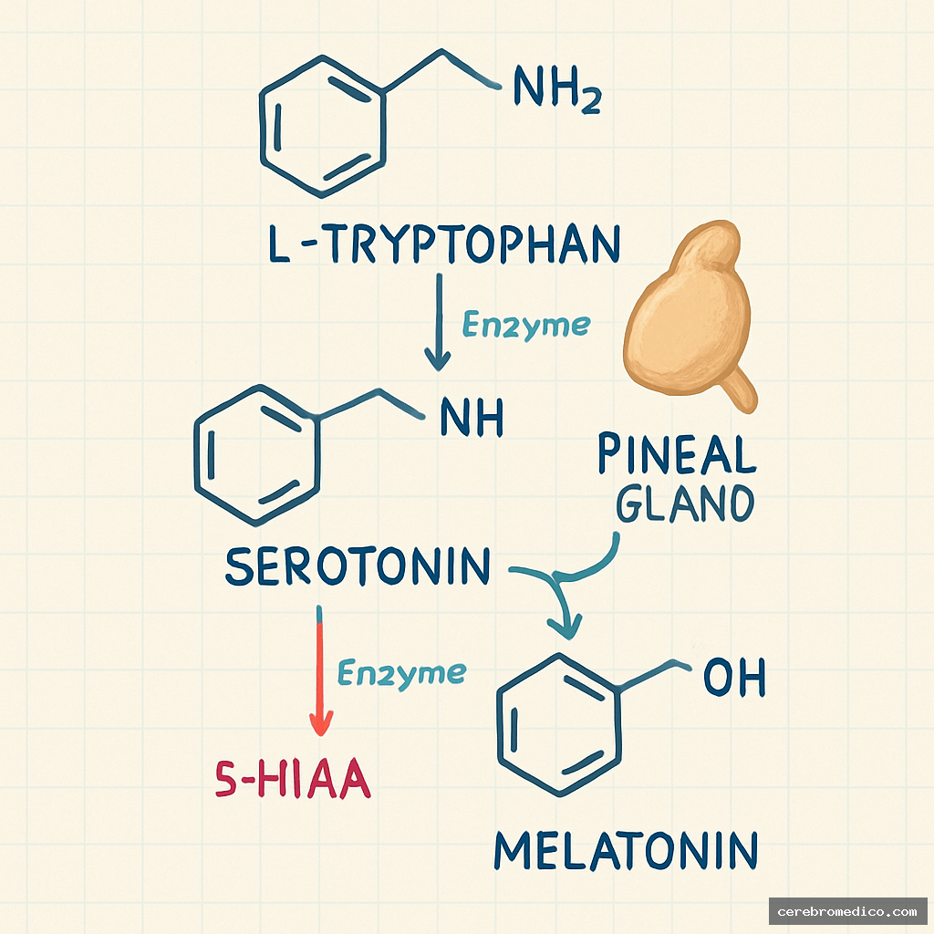 Esquema simplificado de la síntesis y metabolismo de la serotonina.