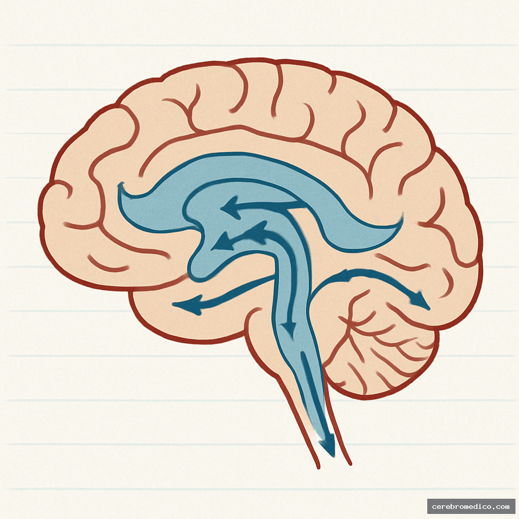 Esquema del sistema ventricular y circulación del líquido cefalorraquídeo