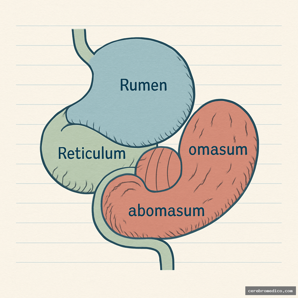 Sistema Digestivo de un Rumiante mostrando las cuatro cámaras estomacales.