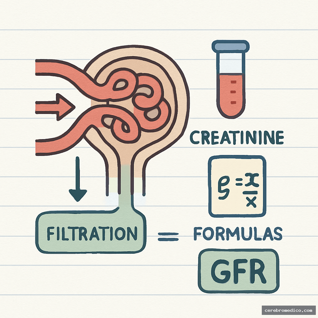 Esquema básico de la tasa de filtración glomerular y su estimación mediante creatinina sérica y fórmulas.