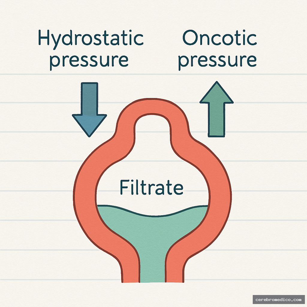 Esquema del balance de presiones en la filtración glomerular