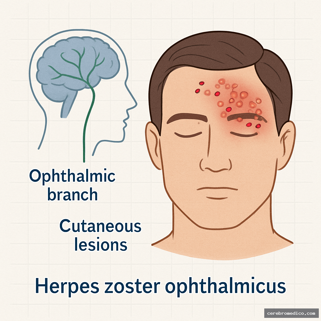 Herpes zóster oftálmico con lesiones vesiculares unilaterales en frente