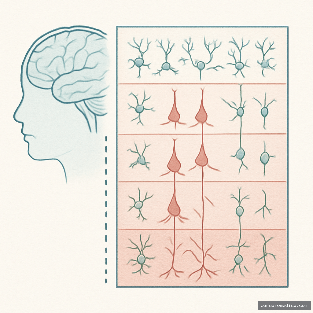 Estructura histológica de la corteza cerebral con sus seis capas celulares